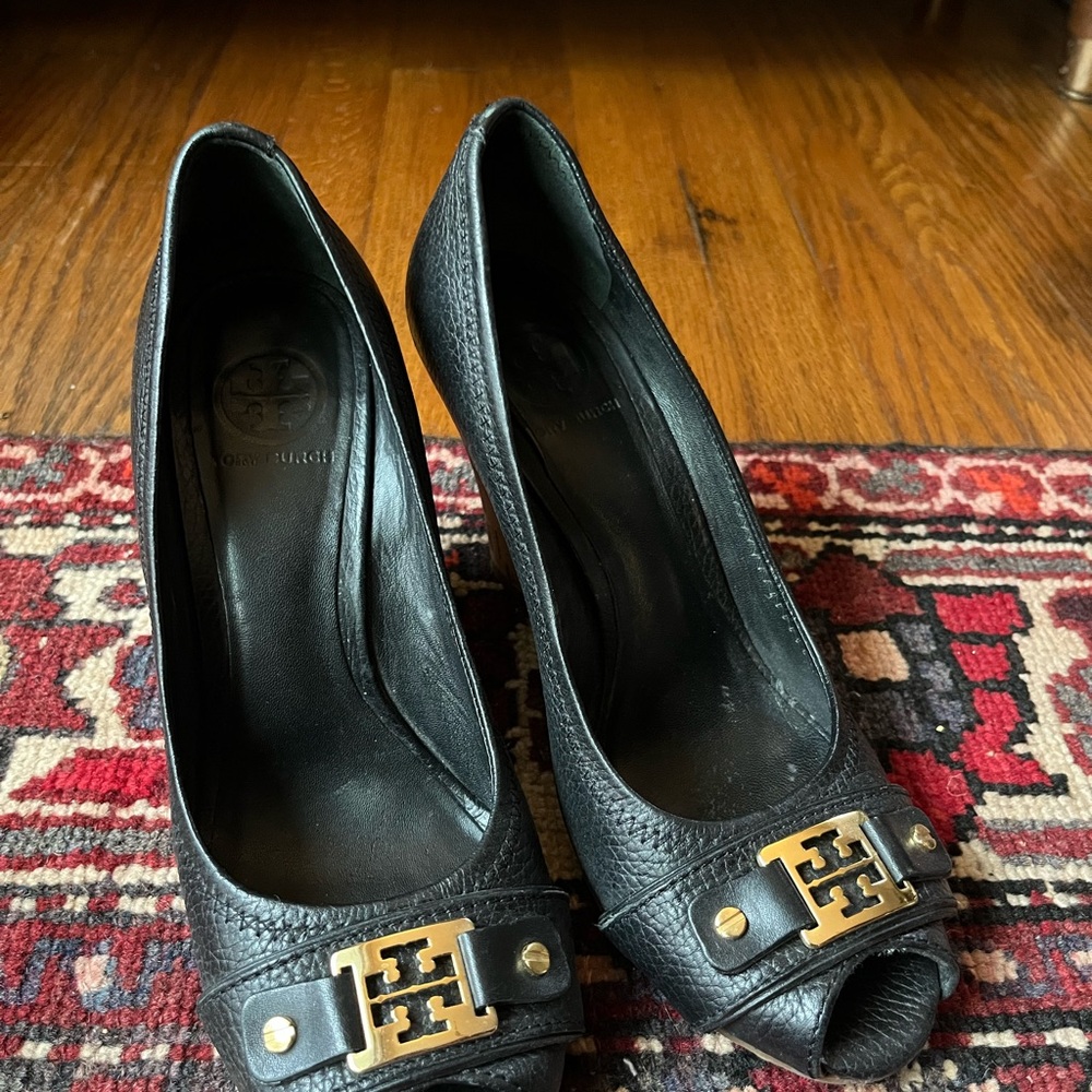 Tory Burch Black Peep-Toe Heels with Gold Accent
